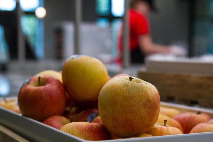 Apples sit near the dessert bar in the new dining center, Friley Windows on Aug 21.