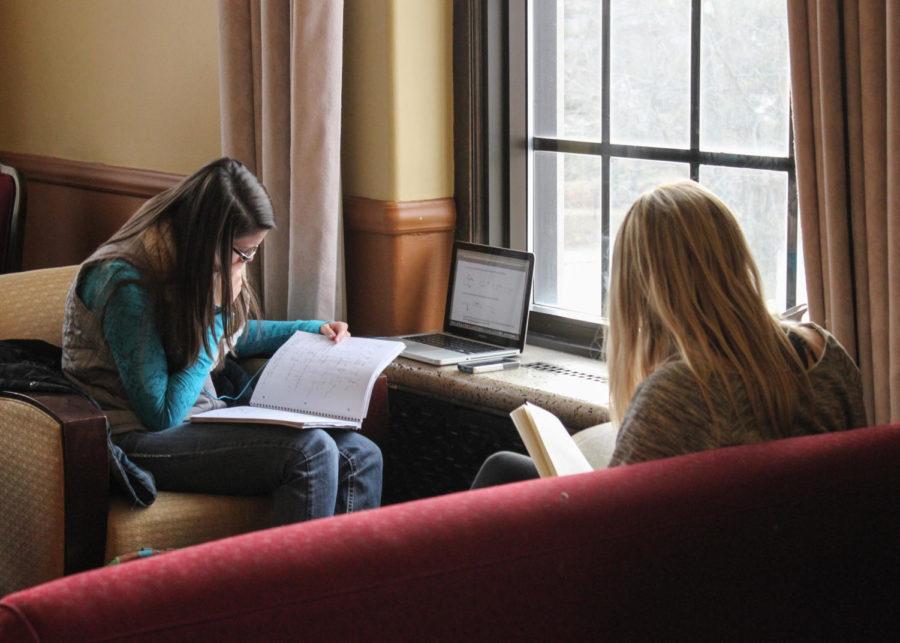 The Memorial Union proves a good study spots for Courtney Leslie, junior in accounting and management, and Mckaila Von Rentzell, junior in animal science. Students spend the week preparing for finals in spots all around campus.