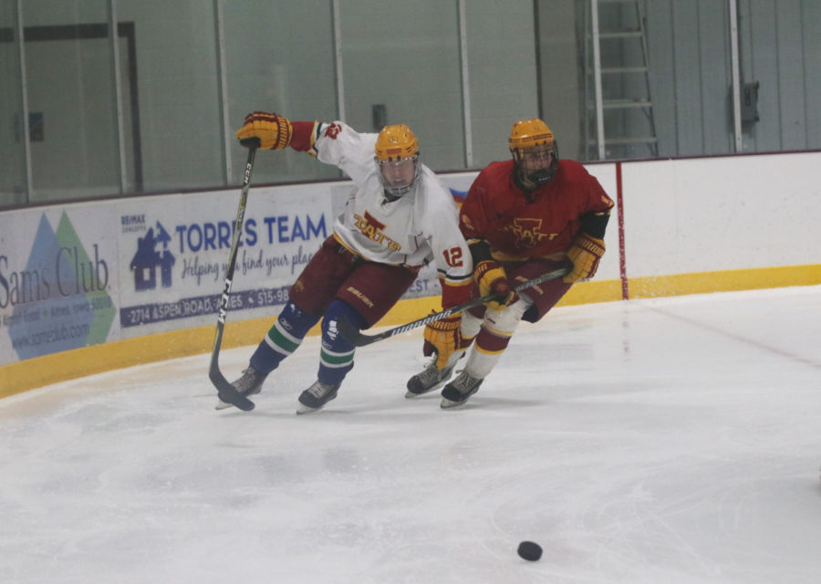 Members of the Cardinal and Gold Cyclone Hockey teams square off for the puck during their scrimmage on Sept. 14 at the ISU Ice Arena. The Gold team won 7-1.