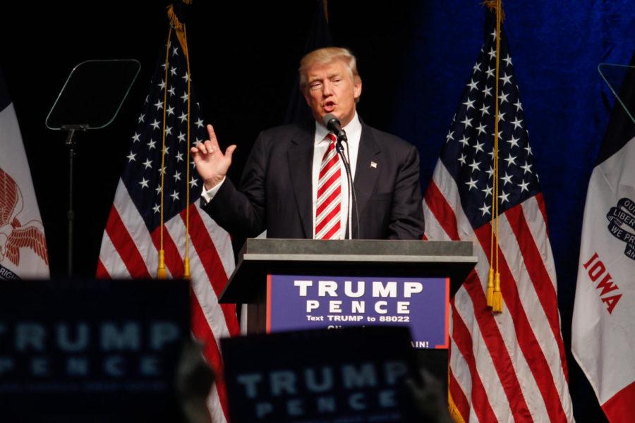 Now-President Donald Trump speaks to the crowd about then-Democratic presidential nominee Hillary Clinton's emails on Sep. 13, 2016 in Clive, Iowa.