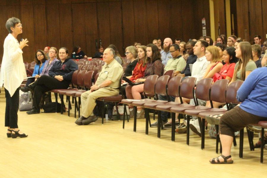 Audience members interact with Professor of Theology Kathleen Cahalan as she presents Called to Lives of Meaning and Purpose: A New Approach to Vocation in the Memorial Union Monday night. 