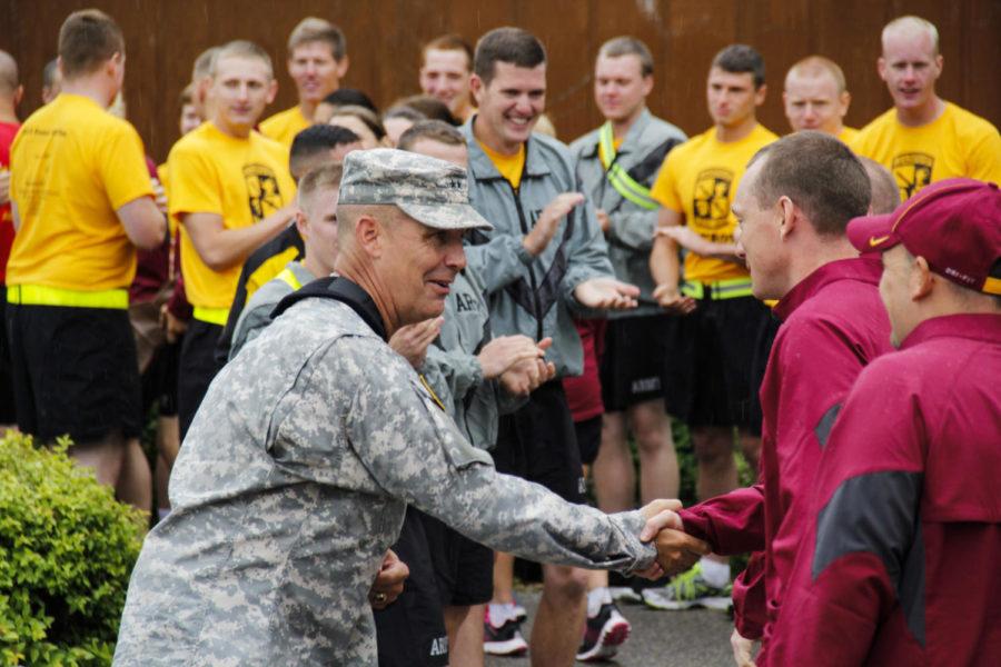 ISU Army ROTC runs the Cy-Hawk game ball throughout Iowa in 2014. The ISU Army ROTC meets the University of Iowa Army ROTC in Tama, Iowa every year to hand off the game ball and have a picnic lunch together.