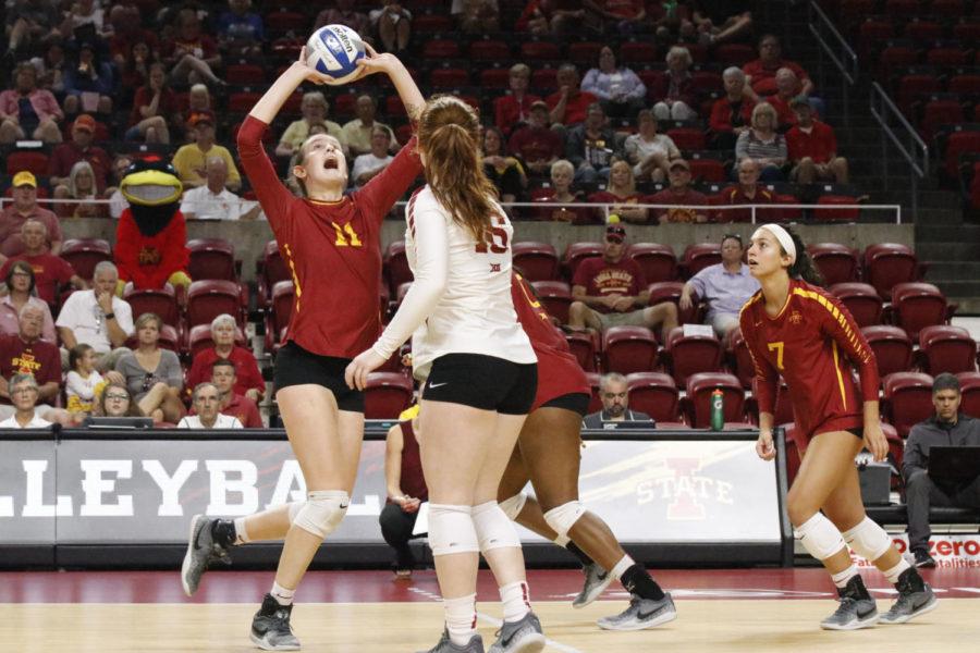 Piper Mauck, setter, sets the ball during the game on Sept. 16 in Hilton Coliseum.