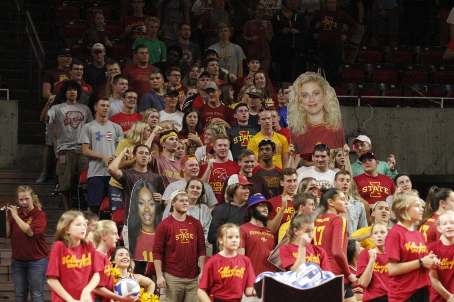 Students cheer from the student section of the Hilton Coliseum during the Aug. 24 Cyclones volleyball game against Ole Miss.