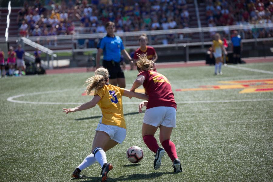 ISU Sophomore Kassi Ginther races to beat UNI Junior Sydney Hayden to the ball at the ISU vs UNI game this Sunday. ISU lost 0-1.