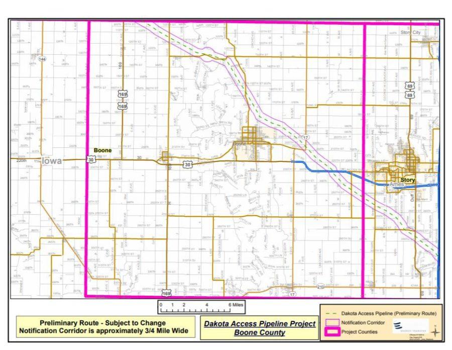 The final pipeline route adheres very closely to the preliminary route, and can be found just outside of West Ames off of Highway 30. The map was acquired from the county project files released by Dakota Access. 