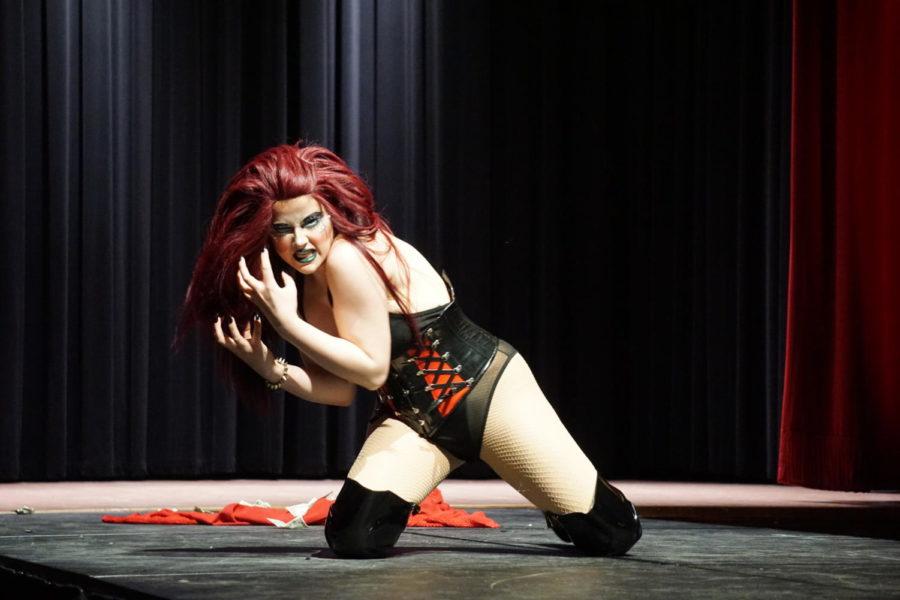 Performer known as Iona Fortune Sanchez lipsanc and danced to You Dont Make Me High Anymore during the Spring Drag Show at the Memorial Union on March 30th. During the performance, the audience came up to give money to the performer, which was often used as another prop itself. 