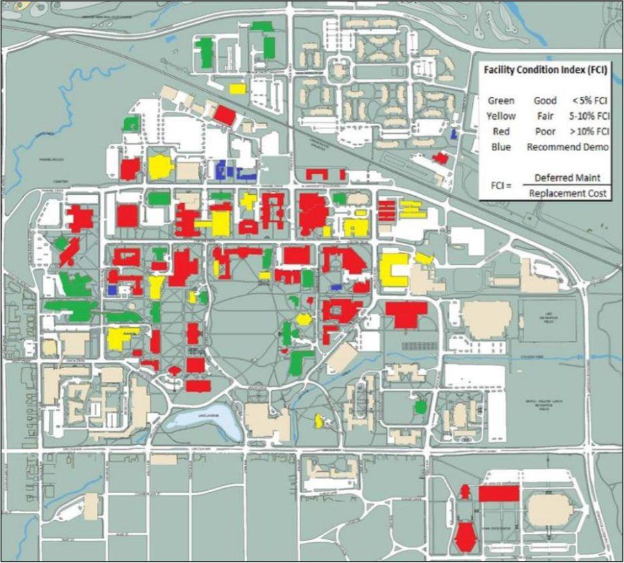A+central+campus+map+shows+the+condition+of+various+facilities.+Among+the+buildings+in+need+of+critical+repairs+are+Bessey%2C+Kildee+and+Carver+halls.%C2%A0