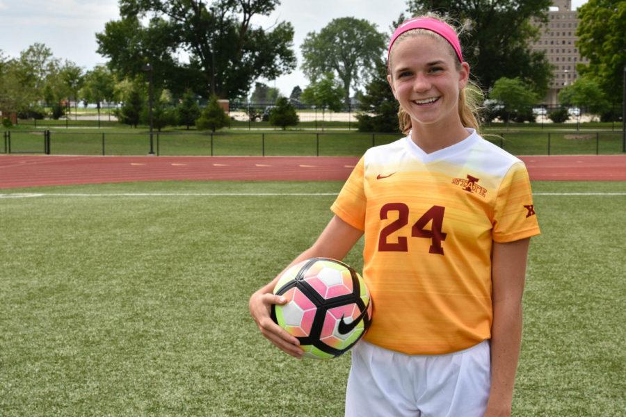 Freshman midfielder Hannah Cade poses at Soccer Media Day on Aug. 4. Cade will play in her first season at Iowa State.