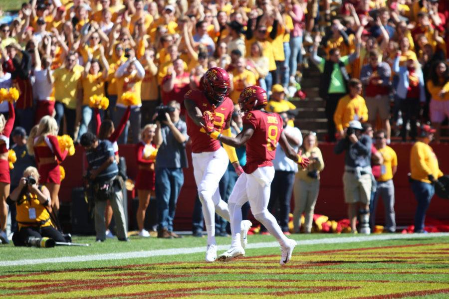 Wide receiver, Hakeem Butler, and running back Deshaunte Jones, celebrate after Butler scored a touchdown during the game against University of Akron at Jack Trice Stadium on Sept. 22. The Cyclones won 26-13.