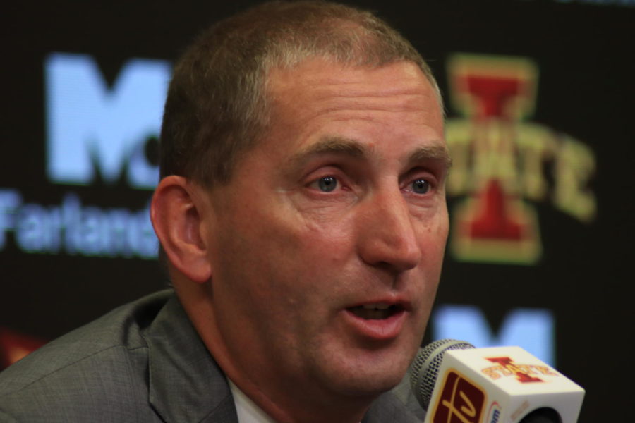 Iowa State Athletics Director Jamie Pollard begins to tear up as he discusses the death of former womens golfer Celia Barquin Arozamena during a press conference at the Hilton Coliseum on Tuesday.