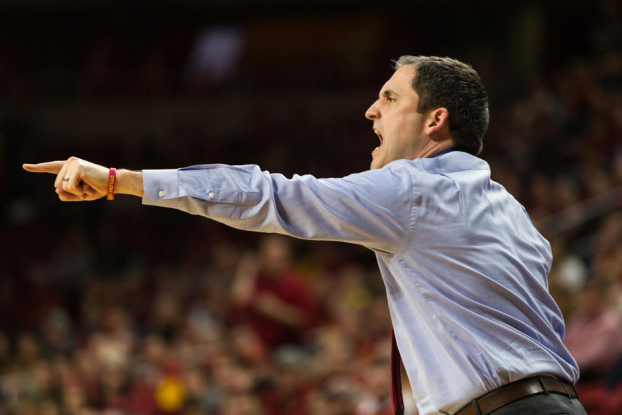 Head coach Steve Prohm yells at his team during the fourth quarter of Iowa States senior night game against Oklahoma State on Feb. 27 in Hilton Coliseum. The Cowboys defeated the Cyclones 80-71.