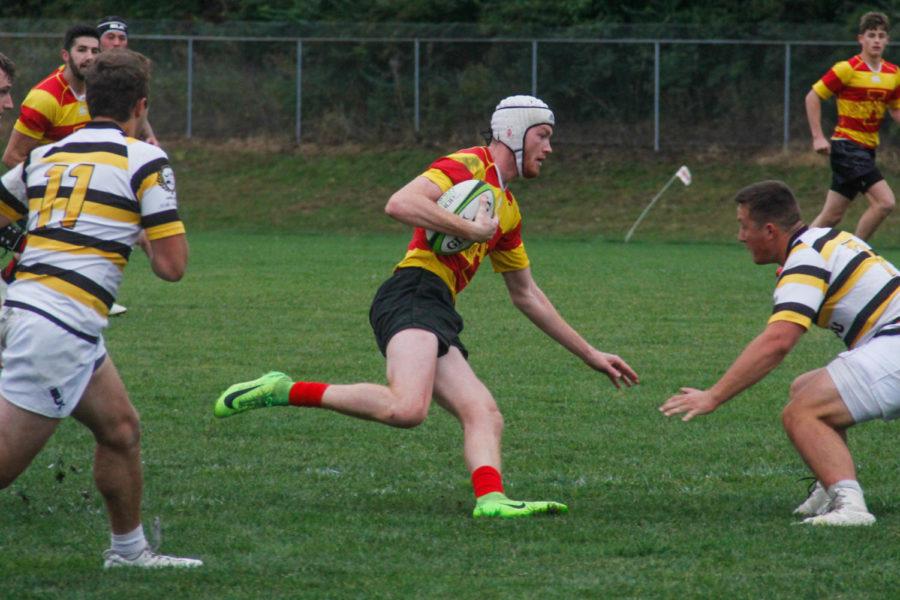 A member of ISU men's rugby team running down the field during their game against Mizzou on Sept. 29, 2018 at ISU's southwest athletic complex. Iowa State won 24-0.