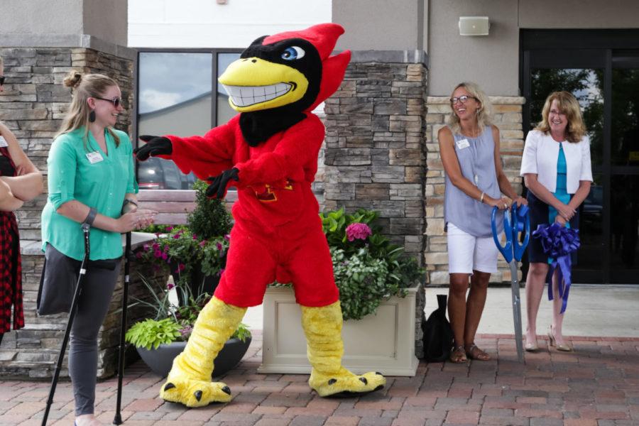 Iowa States Cy the Cyclone helps with introductions during the opening ceremony for the newly renovated Radisson Hotel. The multimillion hotel renovation included upgrades to its 75 guest rooms and suites, lobby and exterior.