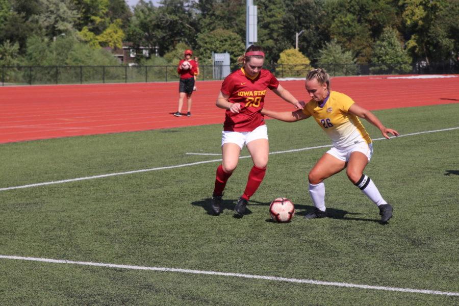 Then-sophomore Kassi Ginther battles for control of the ball during the game against the University of Norther Iowa on Sept. 6, 2018. Iowa State lost 0-1.