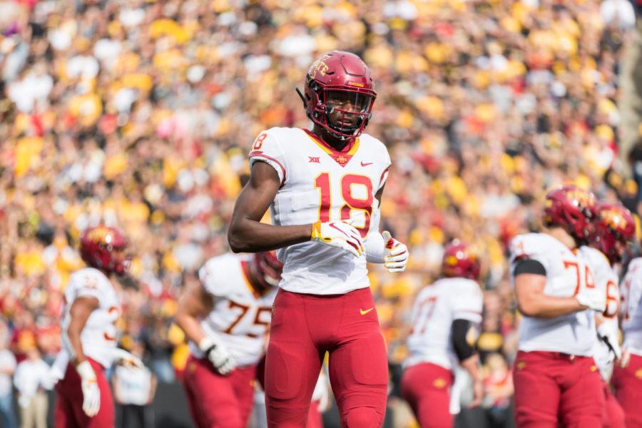 Redshirt+Junior+Hakeem+Butler+jogs+onto+the+field+during+the+Iowa+Corn+CyHawk+Series+game+Sept.+08.+The+Hawkeyes+defeated+the+Cyclones+13-3.