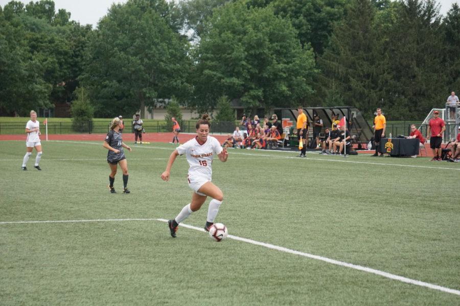 Senior Brooke Tasker races the ball into Missouri territory during the Iowa State vs Missouri game on August 19th. The Tigers beat the Cyclones in double overtime 2-1.