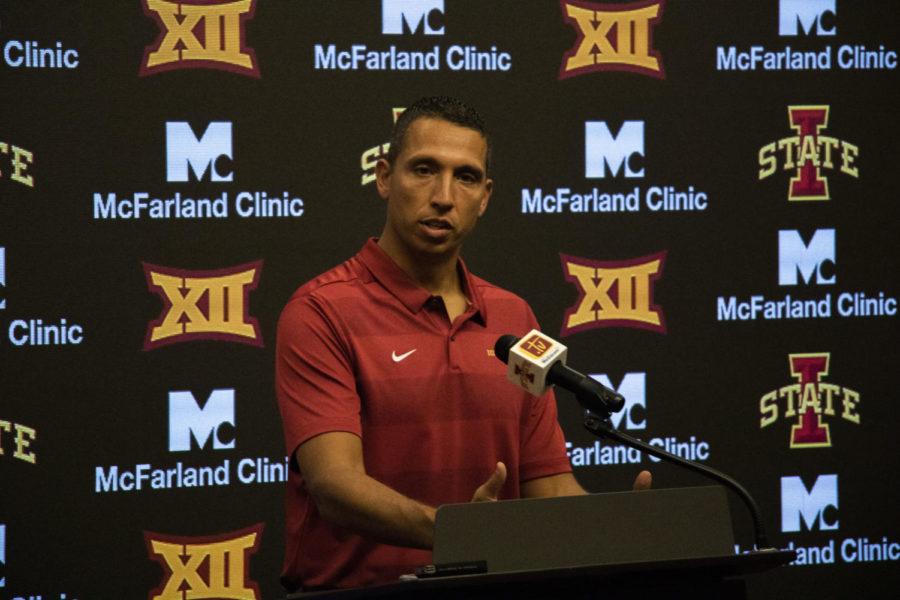 Head Coach Matt Campbell speaks to a room of reporters in the Bergstrom Football Complex during the 2018 Media Day on Aug. 7.