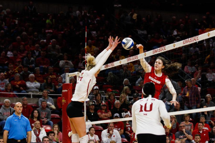 Then junior Jess Schaben attempts to block the ball during Iowa States second round loss to Wisconsin at the NCAA Tournament. 