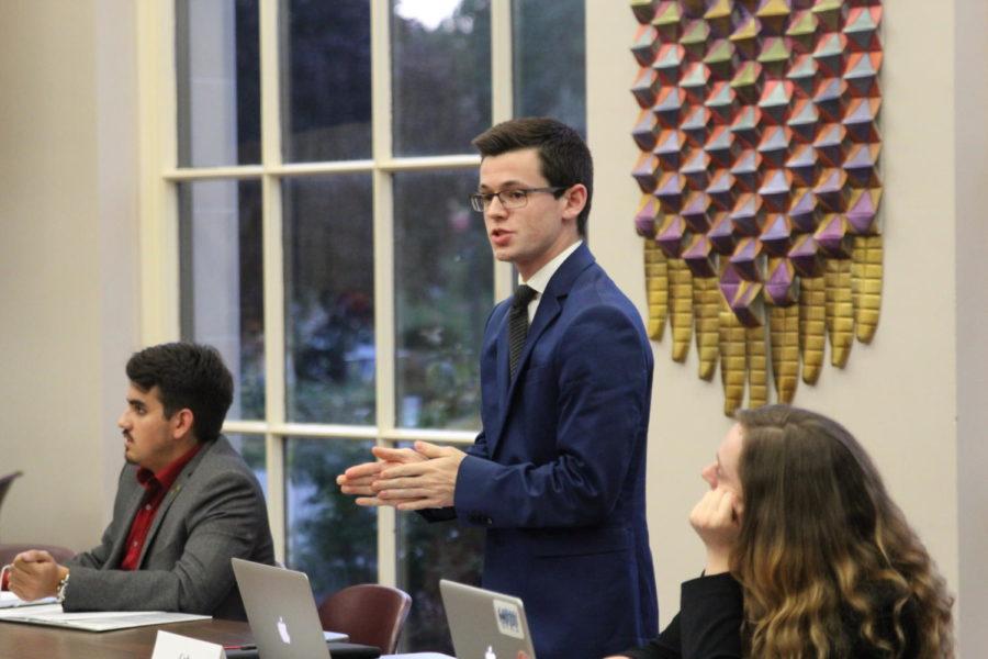 Speaker Cody Woodruff touches on concerns with the resolution denouncing Iowa State Universitys Trademark Policy at the Student Government meeting on Aug. 30.