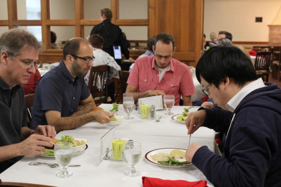 Faculty members (left to right) Brent Kreider, Borzoo Bonakarpour, Claus Kadelka, and Ymou Qiu enjoying lunch at the Joan Bice Underwood Tearoom in MacKay Hall on Sept. 19.