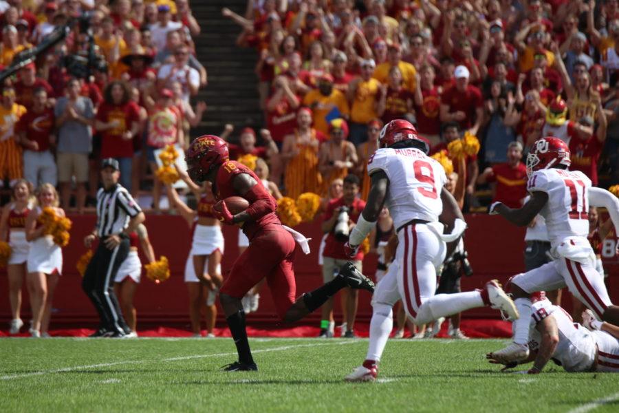 Wide receiver, Hakeem Butler, runs towards the end zone during the second quarter of the football game against Oklahoma State. Butler scored the first touchdown for the Cyclone team during the game at Jack Trice Stadium on Sept. 15.