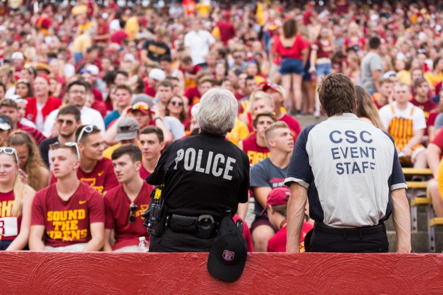 Iowa State PD and Jack Trice Event Staff watch over the student section during the Iowa State vs South Dakota Football game Sept. 1.