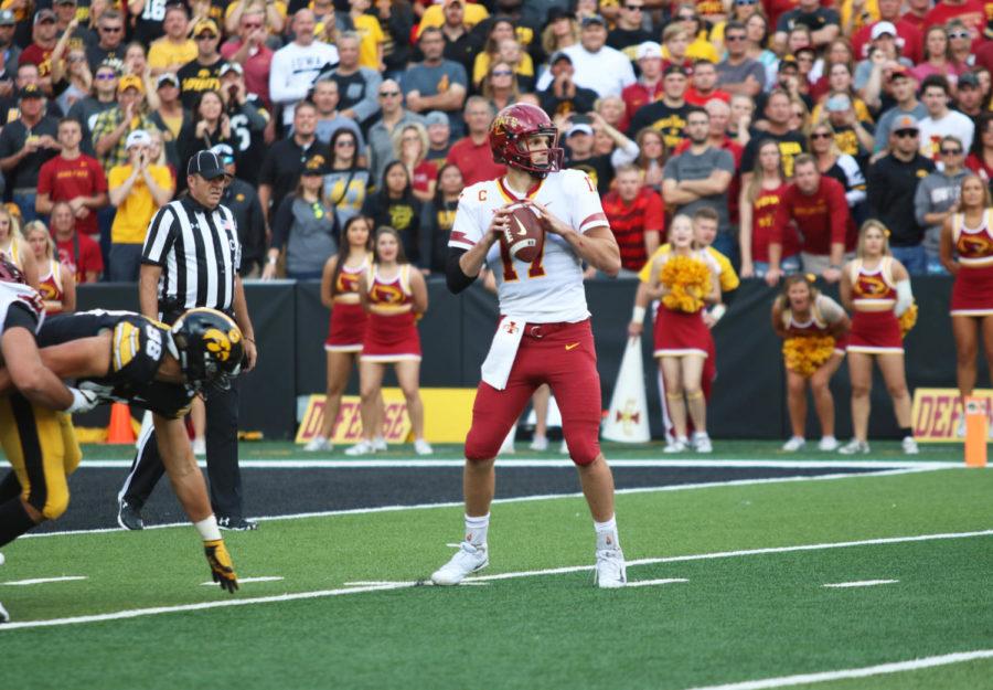 Quarterback%2C+Kyle+Kempt%2C+looks+for+his+teammates+before+throwing+a+pass+during+the+football+game+against+University+of+Iowa+at+Kinnick+Stadium+in+Iowa+City+on+Sept.+8.+The+Cyclones+were+defeated+13-3.