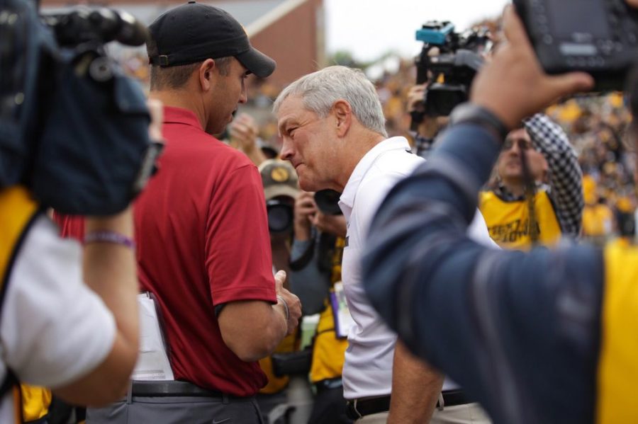 Iowa State coach Matt Campbell and Iowa coach Kirk Ferentz converse on the field before the 2018 Iowa Corn Cy-Hawk game. The Hawkeyes defeated the Cyclones, 13-3.