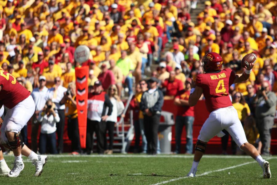Quarterback, Zeb Noland, throws a pass during the game against University of Akron at Jack Trice Stadium on Sept. 22. The Cyclones won 26-13.