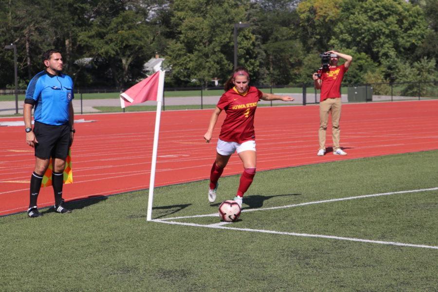 Senior midfielder Emily Steil kicks the ball back into play during the game against UNI on Sept. 16. ISU lost 0-1.