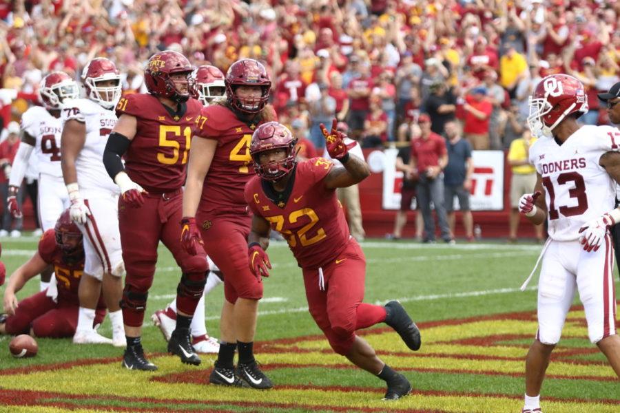 Iowa State junior David Montgomery celebrates after diving into the end zone for a touchdown during the second half against Oklahoma.