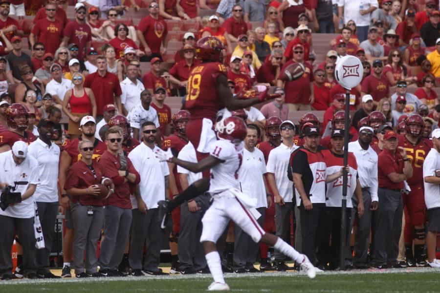 Iowa State junior Hakeem Butler makes a leaping catch in the second half of the Cyclones 27-37 loss to Oklahoma.
