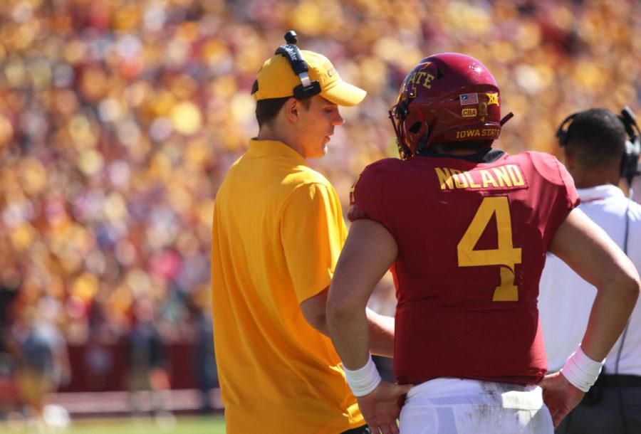 Quarterback+Kyle+Kempt+%28left%29+and+quarterback+Zeb+Noland+%28right%29+talk+before+the+game+against+University+of+Akron+during+their+game+at+Jack+Trice+Stadium+on+Sept.+22.+Kempt+didn%E2%80%99t+place+in+this+game+due+to+an+injury.