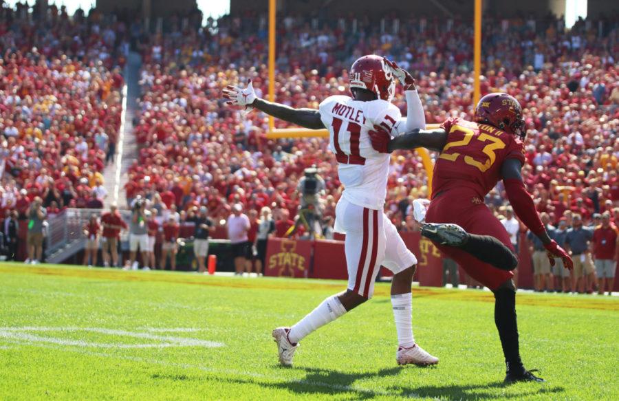 Wide receiver, Matthew Eaton, makes sure Parnell Motley, of the Oklahoma Sooners, doesn’t catch a ball during their game at Jack Trice Stadium on Sept. 15. The Cyclones lost 27-37.