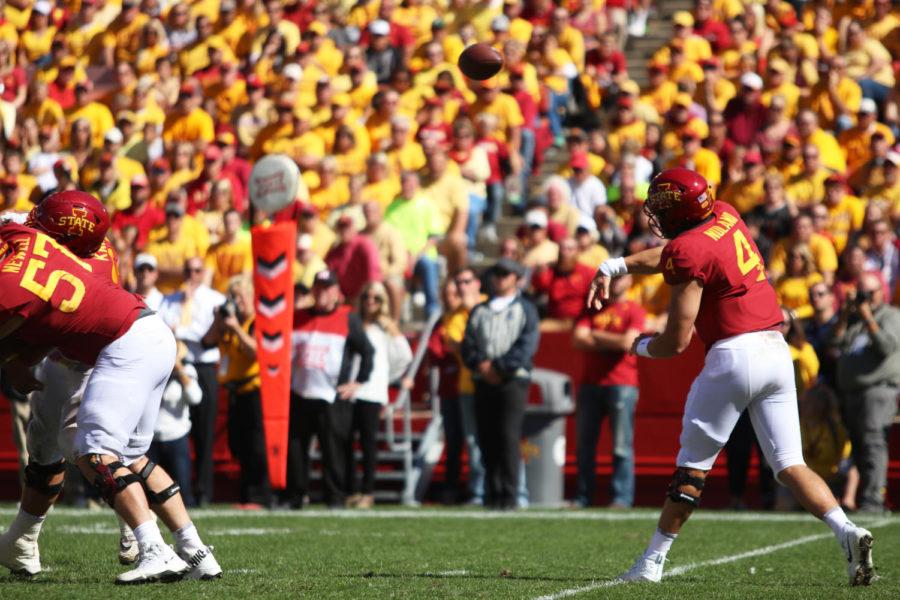 Former Iowa State quarterback Zeb Noland throws a pass during the game against University of Akron at Jack Trice Stadium on Sept. 22, 2018. The Cyclones won 26-13.