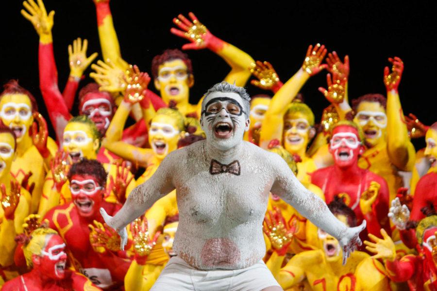 Members of the Yell Like Hell team Bill Cy the Science Guy perform during the YLH Final Cuts during the Homecoming Pep Rally at the Alumni Center on Oct. 26.