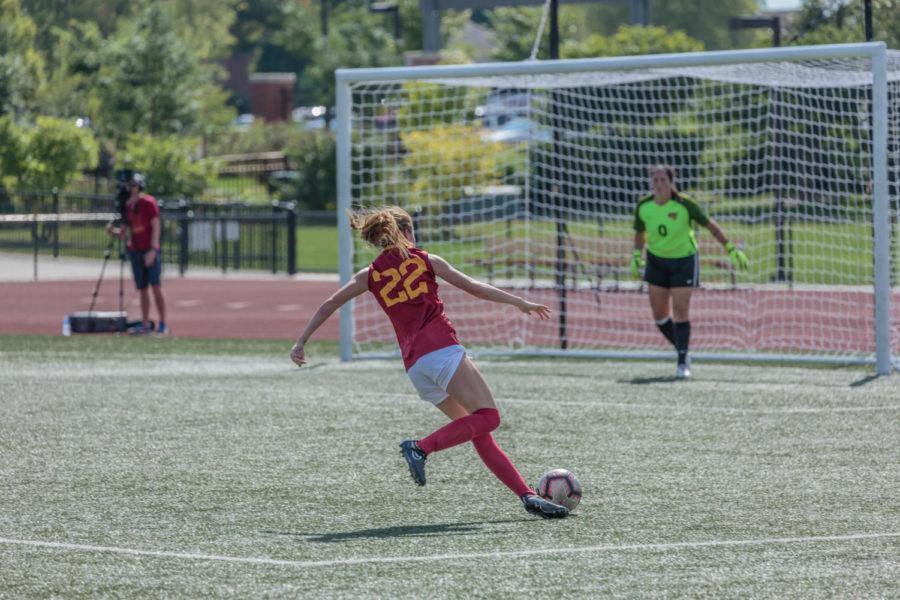 Then-freshman Courtney Powell lines up for a shot against University of Northern Iowa goalkeeper Jami Reichenberger on Sept. 16, 2018. Iowa State lost 0-1.