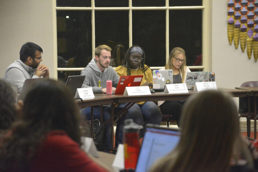 Members of Iowa State’s Student Government make their way through the night’s agenda during their meeting on Oct. 24, 2018, in the Campanile room of the Memorial Union. The meeting centered on funding for Latinx Initiatives, Rodeo Club, seating at-large members to the finance committee and confirming members to the election commission.