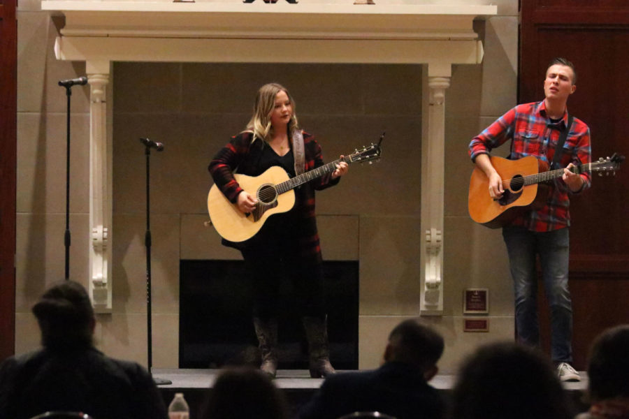 Elliemae Millenkamp, junior in agricultural business, and Andersen Coates, sophomore in architecture, perform at the 5th Annual CyFactor Talent Competition in the Reiman Ballroom of the Alumni Center on Oct. 24.