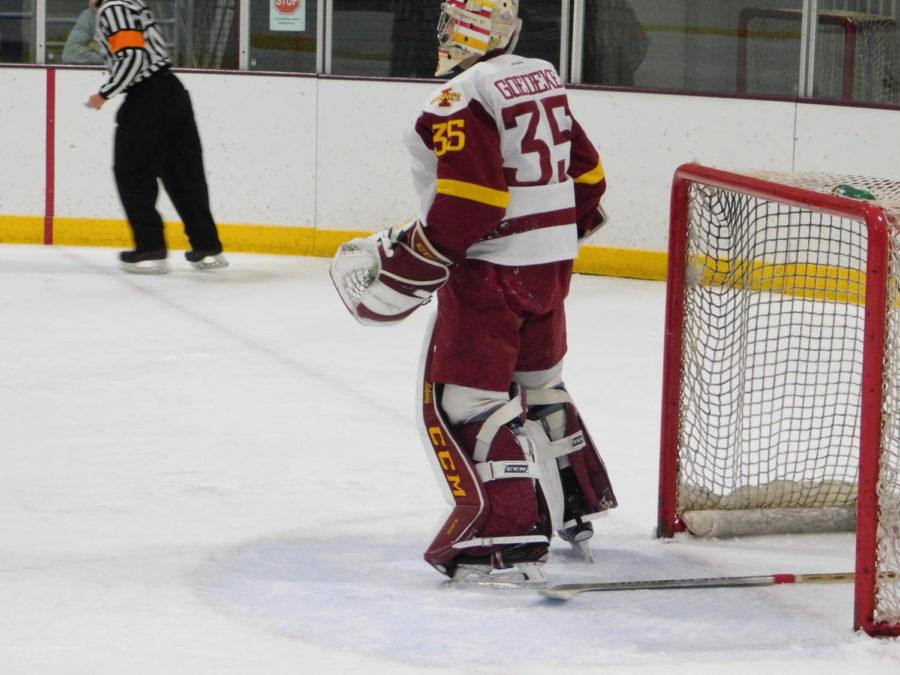 Senior goaltender Matt Goedeke during the game against the Ohio University Bobcats at the Ames/ISU Ice Arena on Oct. 19. The Bobcats ended up beating the Cyclones 4-1.
