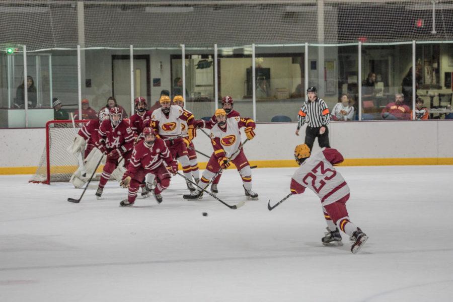 Cyclone Hockeys Joey Marcuccilli takes a shot during the game against Alabama Hockey on Oct. 5 at the Ames/ISU Ice Arena.