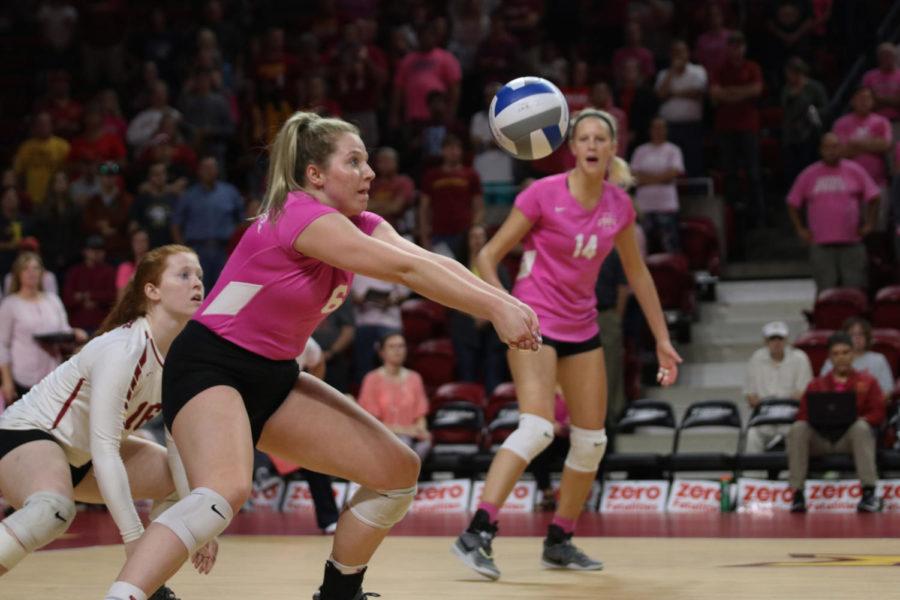 Right side Eleanor Holthaus bumps the ball to her teammates during the volleyball game against University of Oklahoma at Hilton Coliseum on Oct. 3. The Cyclones lost 3-1.