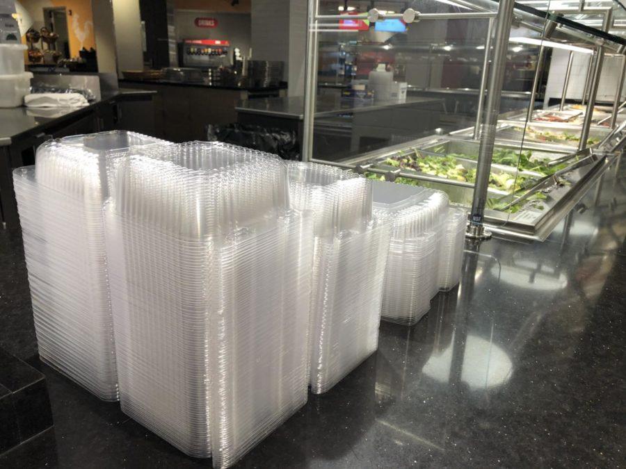 Plastic containers used at the Memorial Union Food Court to store salads that students and faculty purchase. ISU Dining manager Karen Rodekamp hopes to find better packaging options to replace the use of plastic within the dining halls and food locations at Iowa State University.