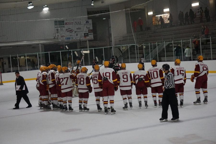 Cyclone Hockey players celebrate their victory. They beat the Redbirds 5-2. 