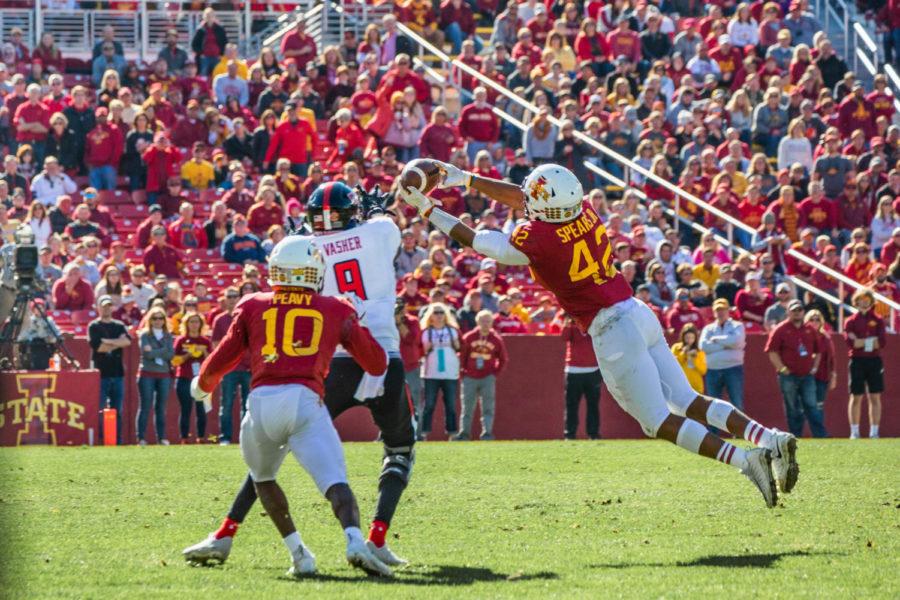 Iowa State linebacker Marcel Spears intercepts the football and returns for a Cyclone touchdown at the 2018 ISU Homecoming football game against Texas Tech on Oct. 27. The Cyclones won 40-31.