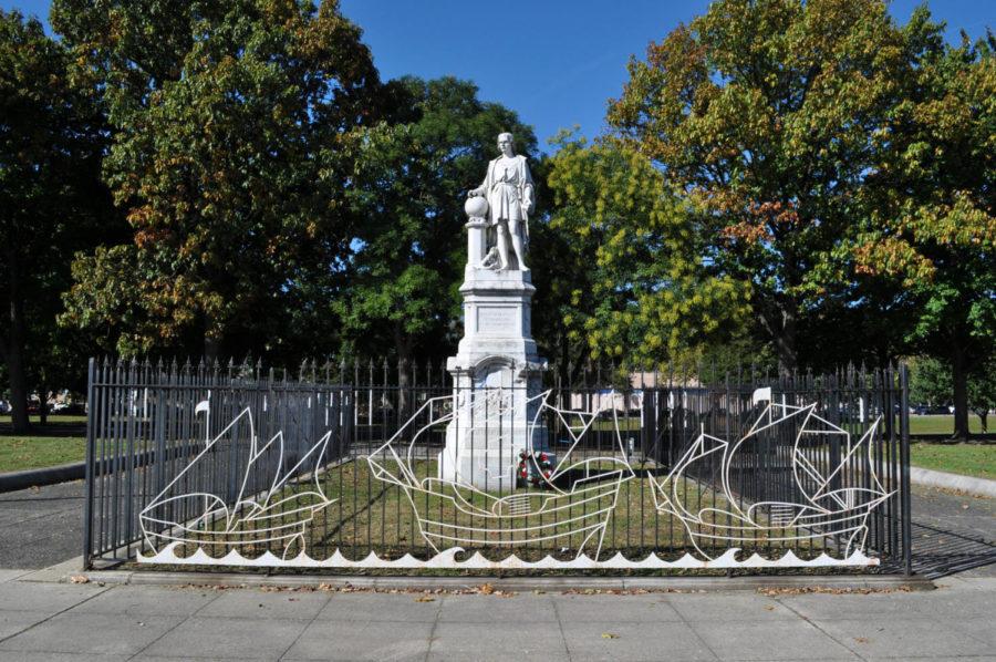 Christopher Columbus Monument in Marconi Plaza, 2848 S Broad St Philadelphia, Pennsylvania, within railing sculpture of Nina, Pinta and Santa Maria. Emanuele Caroni, Sculptor (1876).