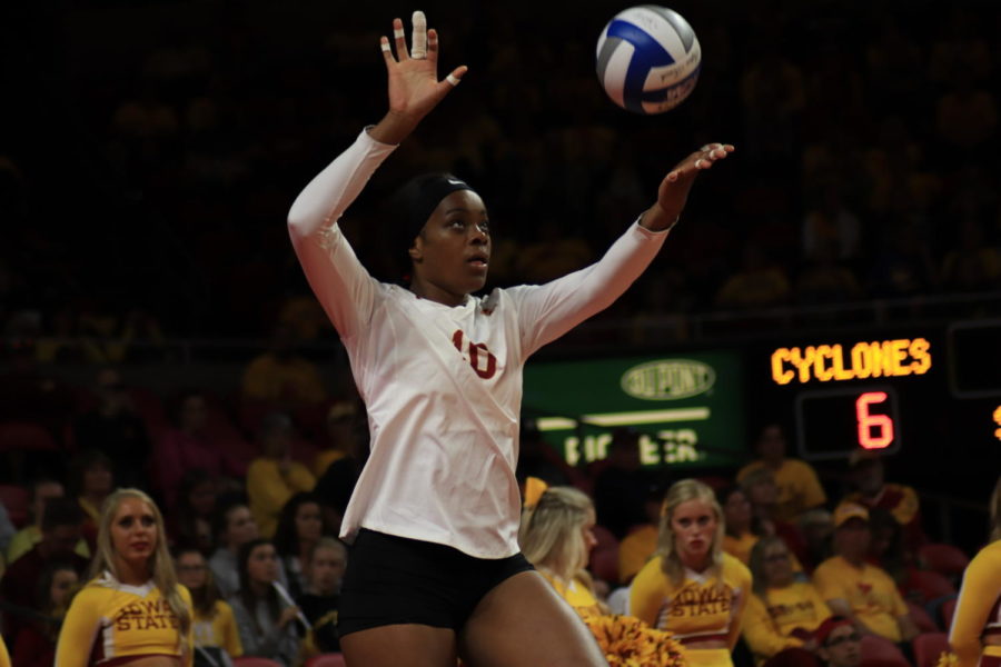 Senior Grace Lazard serves during the second set in the Iowa State vs. Baylor  game on Sept. 22 in Hilton Coliseum. The Cyclones lost 2-3. 