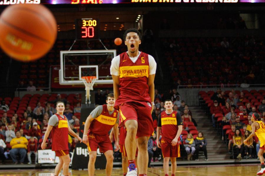 Sophomore+Lindell+Wigginton+hypes+himself+up+after+making+a+shot+during+Hilton+Madness+on+Oct.+12+at+the+Hilton+Coliseum.