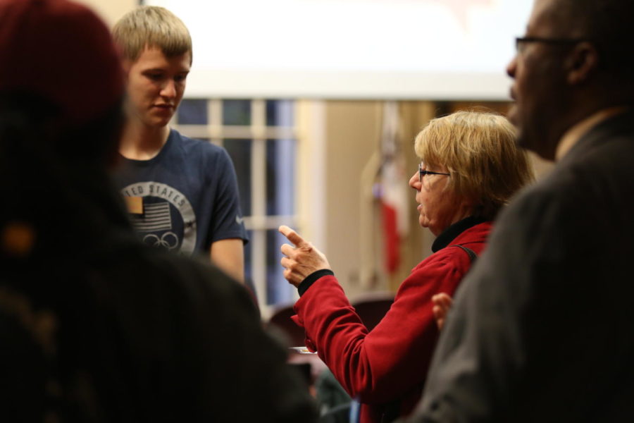 The town hall meeting was held in the Campanile Room in the Memorial Union Tuesday where students were able to talk to senior administrator before the meeting as well as ask them questions.